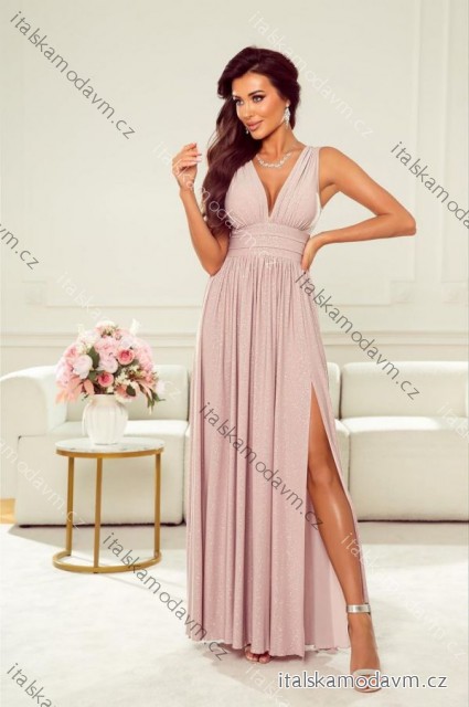 Šaty dlouhé společenské třpytivé s flitry bez rukávu dámské nadrozměr (34-48) POLSKÁ MÓDA PMLWD25VIRGINIA3 béžová smetanová 44