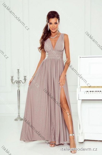 Šaty dlouhé společenské třpytivé s flitry bez rukávu dámské nadrozměr (34-48) POLSKÁ MÓDA PMLWD25VIRGINIA4 béžová mandlová 36