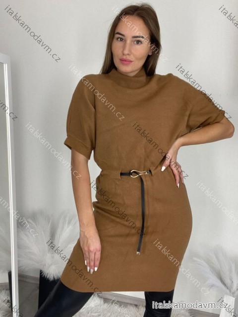 Šaty úpletové s opaskom krátky rukáv dámske  (S/M/L ONE SIZE) TALIANSKA MÓDA IMC24556