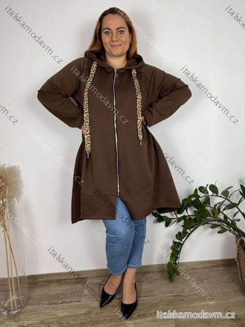 Mikina dlouhá s kapucí na zip dlouhý rukáv dámská nadrozměr (54/56/58 ONE SIZE) ITALSKÁ MÓDA IMC251113/DUR 54/56/58 hnědá