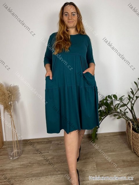 Šaty voľnočasové 3/4 dlhý rukáv dámske nadrozmer (50/52/54 ONE SIZE) TALIANSKA MÓDA IM425563/DUR 50/52/54 modrá petrolejová