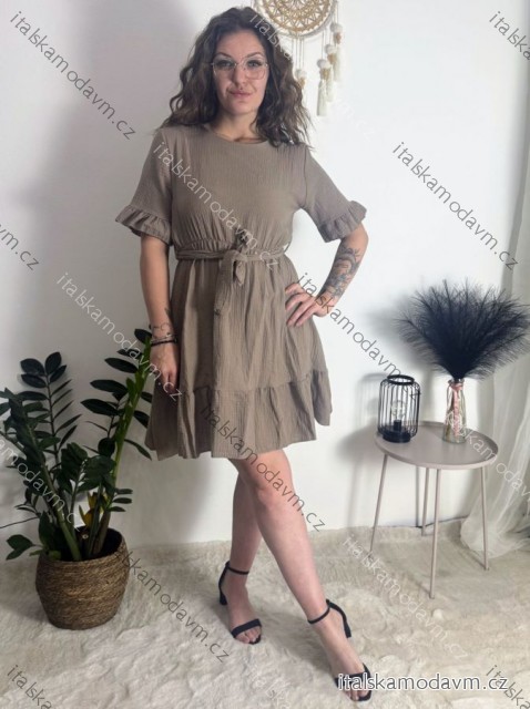 Šaty letný mušelín krátký dlhý rukáv dámske BELLA (S/M/L ONE SIZE) TALIANSKA MÓDA IMWGS251112/DU hnědá S/M/L