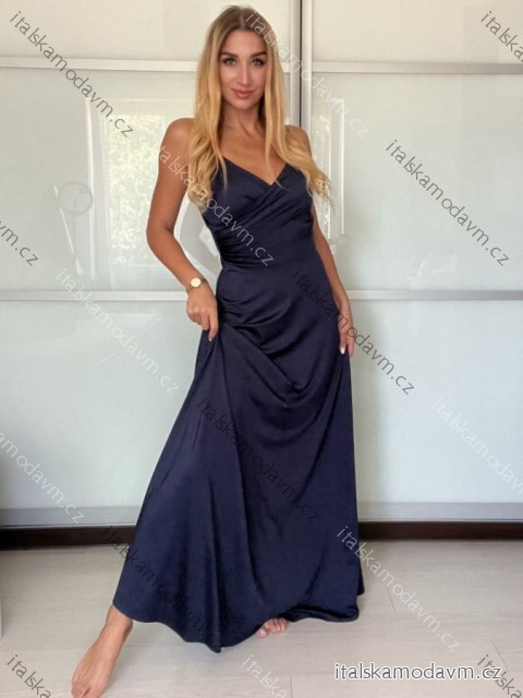 Šaty dlouhé společenské saténové na ramínka dámské ALESSIA (XS/S/M ONE SIZE) ITALSKá MODA IMSP255888/DU -   tmavo modrá -   S / M