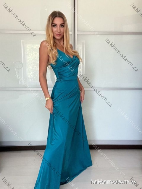 Šaty dlouhé společenské saténové na ramínka dámské ALESSIA (XS/S/M ONE SIZE) ITALSKá MODA IMSP255888/DU -   modrá petrolejová -   S/M