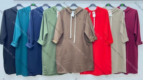 Šaty mikinové s kapucí dlouhý rukáv dámské nadrozměr (54/56/58 ONE SIZE) ITALSKÁ MÓDA IM425581
