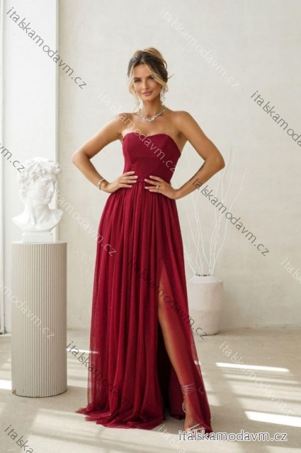 Šaty dlouhé carmen společenské třpytivé dámské (34-42) POLSKÁ MÓDA PMLWD25CECYLIA7 tmavo červená 42
