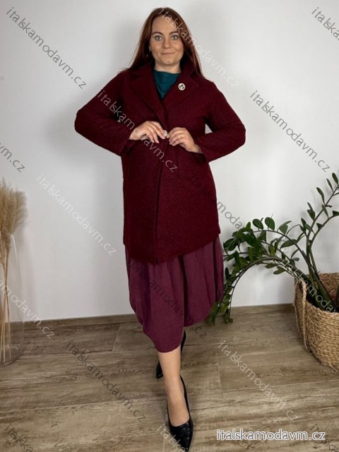 Kabát flaušový baránkový dlhý rukáv dámsky nadrozmer (44/46/48 ONE SIZE) TALIANSKA MÓDA IM4251140/DU 44/46/48 vínová