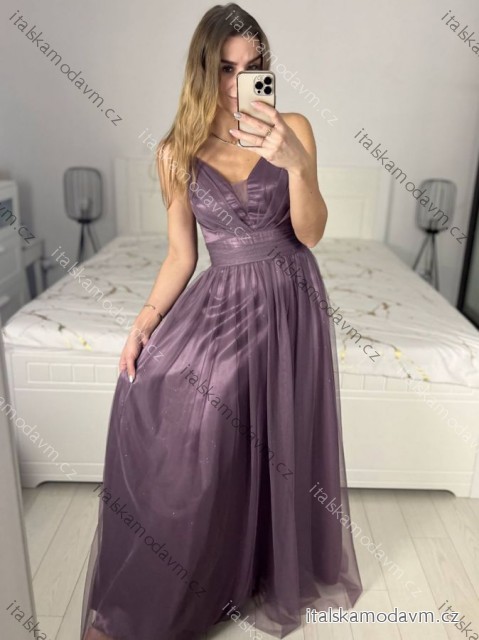 Šaty dlouhé společenské na ramínka dámské (S/M ONE SIZE) ITALSKÁ MÓDA IMC23435/DUR tmavě modrá S/M/L