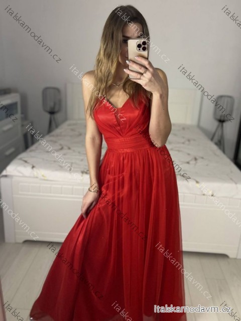 Šaty dlouhé společenské na ramínka dámské (S/M ONE SIZE) ITALSKÁ MÓDA IMC23435/DUR červená S/M/L