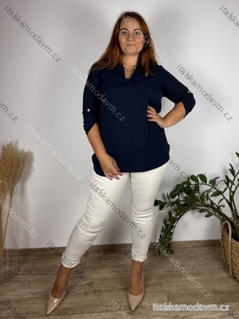 Tunika košeľová dlhý rukáv dámska nadrozmer (XL/2XL ONE SIZE) TALIANSKA MÓDA IMD221065/DU tm. modrá