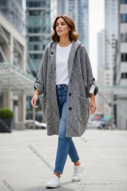 Kabát beránkový dlouhý rukáv dámský nadrozměr (54/56/58 ONE SIZE) ITALSKÁ MÓDA IMD25160