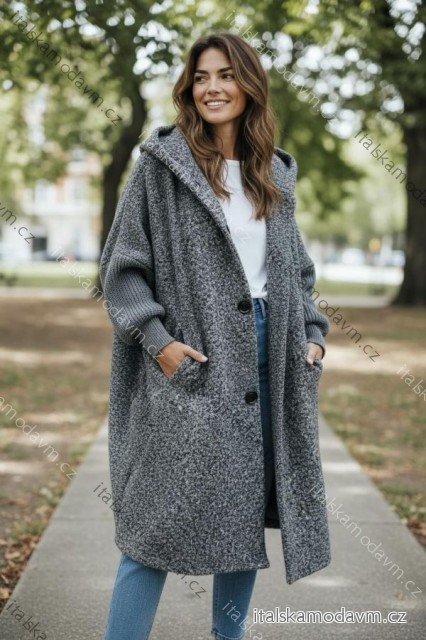 Kabát flaušový teplý dlouhý rukáv dámský nadrozměr (54/56/58 ONE SIZE) ITALSKÁ MÓDA IMD25274