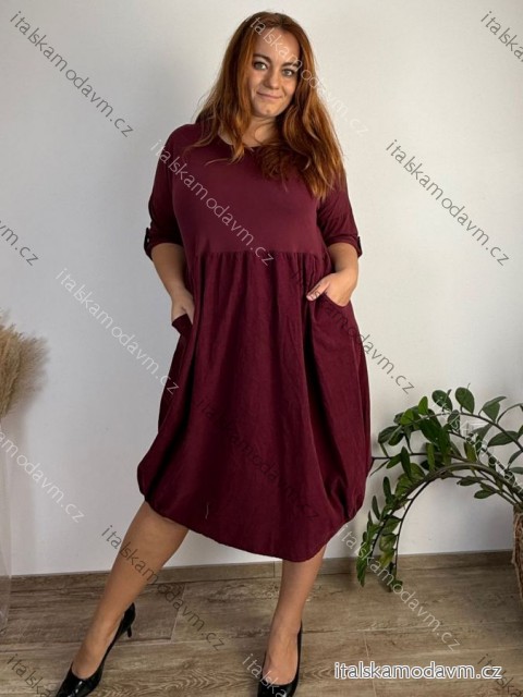 Šaty voľnočasové teplé dlhý rukáv dámske nadrozmer WENDY (50/52/54 ONE SIZE) TALIANSKA MÓDA IM425540/DUR 50/52/54 vínová