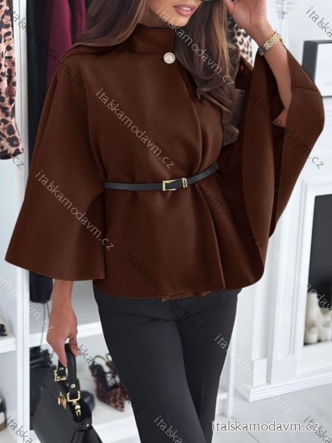 Kabát s páskem dlouhý rukáv dámský nadrozměr (S/M/L ONE SIZE) ITALSKÁ MÓDA IMD24359/DU hnědá S/M/L