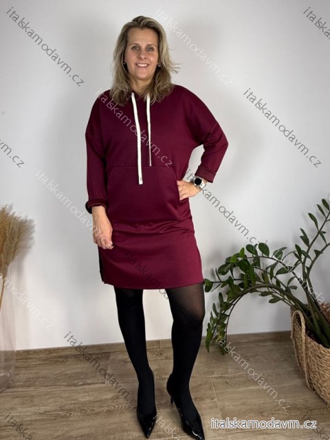 Šaty mikinové s kapucí máslové dlhý rukáv dámske nadrozmer KIKA (42/44/46 ONE SIZE) TALIANSKA MÓDA IM425714
