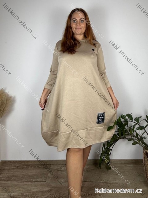 Šaty maslové balónové s vreckami dlhý rukáv dámske nadrozmer (46/48/50 ONE SIZE) TALIANSKA MÓDA IM425702/DUR 46/48/50 béžová
