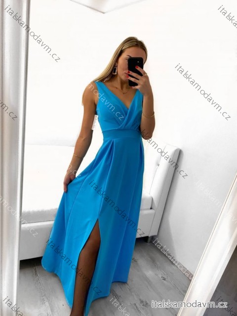Šaty elegantní společenské dlouhé na ramínka dámské (M/L ONE SIZE) ITALSKÁ MÓDA IM322045/DR/DUstř. modrá