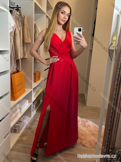Šaty elegantné spoločenské dlhé na ramienka dámske (XS/S/M/L ONE SIZE) TALIANSKA MÓDA IM322045/DUR M/L červená