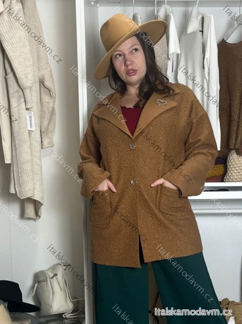 Kabát baránkový na gombíky dlhý rukáv dámsky HEART  (40/42/44 ONE SIZE) INDICKÁ MÓDA IMWKA252696/DUR  hnedá