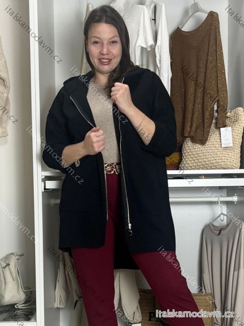 Kabát flaušový na zips s kapucňou dlhý rukáv dámsky nadrozmer VIVIEN (46/48/50 ONE SIZE) TALIANSKA MÓDA IMD24443/DUR 46/48/50 čierna