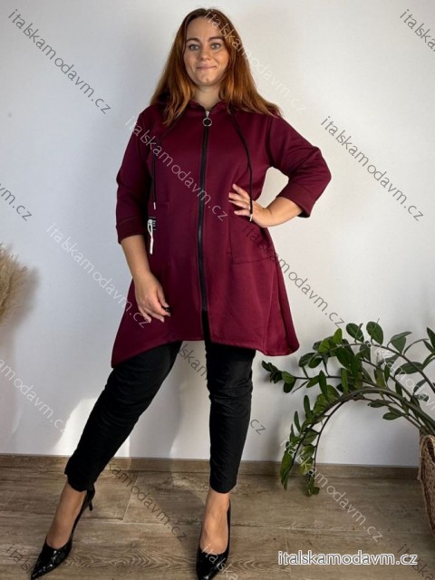 Mikina na zips s kapucňou dlhý rukáv dámska nadrozměr LAJLA (48/50/52 ONE SIZE) TALIANSKA MÓDA IMPOZ253107/DUR  vínová