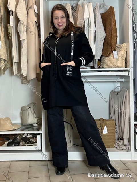 Kabát flaušový s kapucňou na zips dlhý rukáv dámsky nadrozmer (46/48/50 ONE SIZE) TALIANSKA MÓDA IMC24367