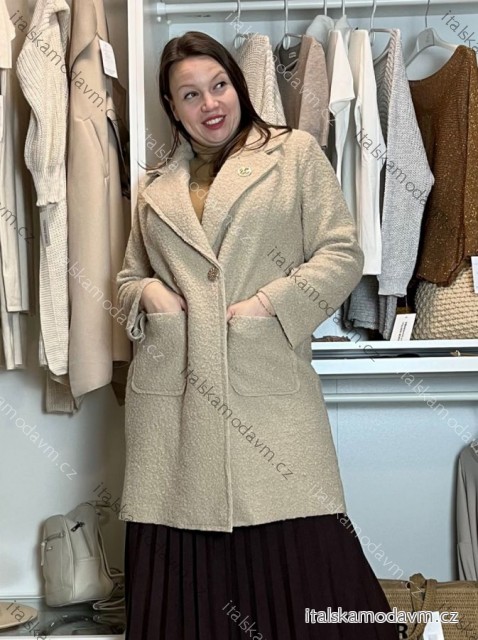 Kabát flaušový baránkový dlhý rukáv dámsky nadrozmer (44/46/48 ONE SIZE) TALIANSKA MÓDA IM4251121/DUR 44/46/48 béžová