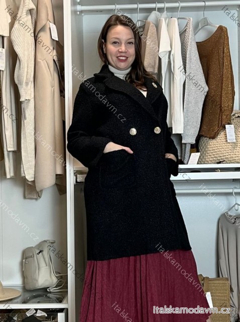Kabát flaušový baránkový dlhý rukáv dámsky nadrozmer (44/46/48 ONE SIZE) TALIANSKA MÓDA IM4251121/DUR 44/46/48 čierna