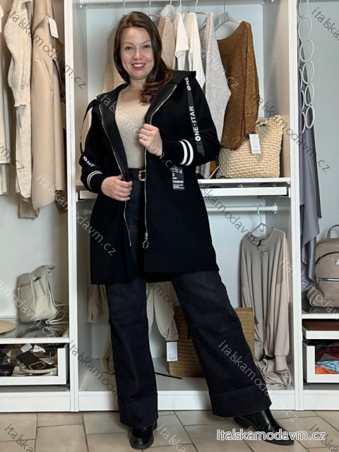 Kabát flaušový s kapucňou na zips dlhý rukáv dámsky nadrozmer (46/48/50 ONE SIZE) TALIANSKA MÓDA IMC24367/DUR 46/48/50 čierna