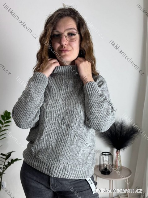 Svetr ženilkový se stojáčkem dlouhý rukáv dámský LENA (M/L-XL/2XL ONE SIZE) ITALSKÁ MÓDA MUS25S012/DR XL/2XL šedá
