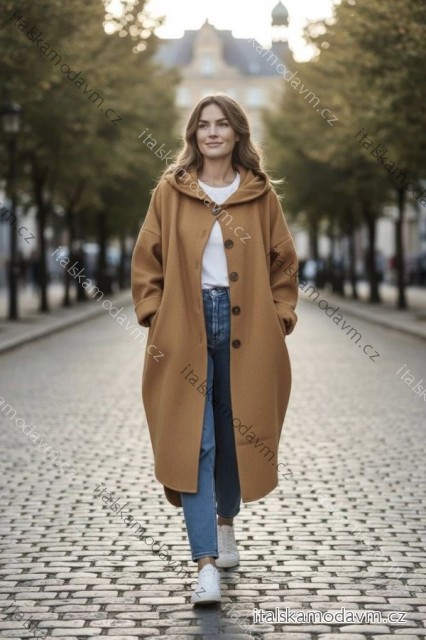 Kabát slabý na gombíky s kapucňou dlhý rukáv dámsky nadrozmer (54/56/58 ONE SIZE) TALIANSKA MÓDA IMD24413