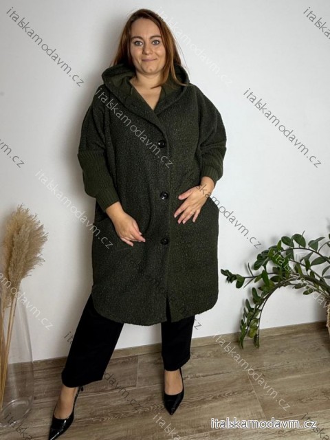 Kabát flaušový teplý dlouhý rukáv dámský nadrozměr (54/56/58 ONE SIZE) ITALSKÁ MÓDA IMD25274/DUR 54/56/58 zelená khaki