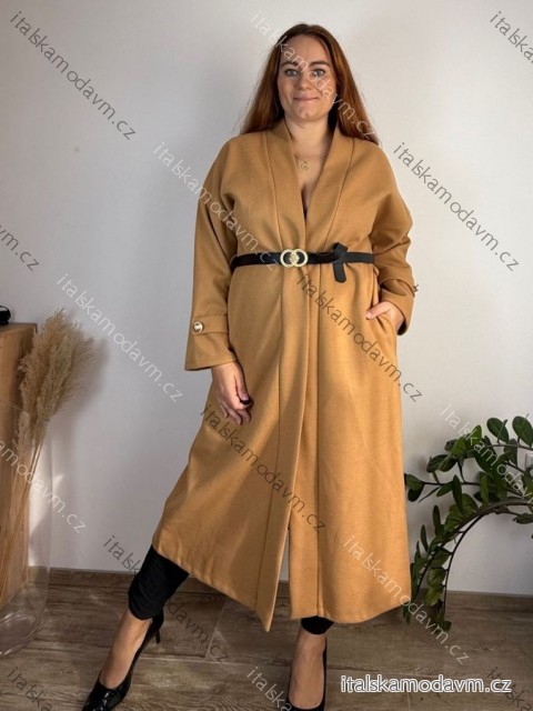 Kabát dlhý s opaskom dlhý rukáv dámsky nadrozmer (52/54/56 ONE SIZE) TALIANSKA MÓDA IMC25399/DR  hnědá camel