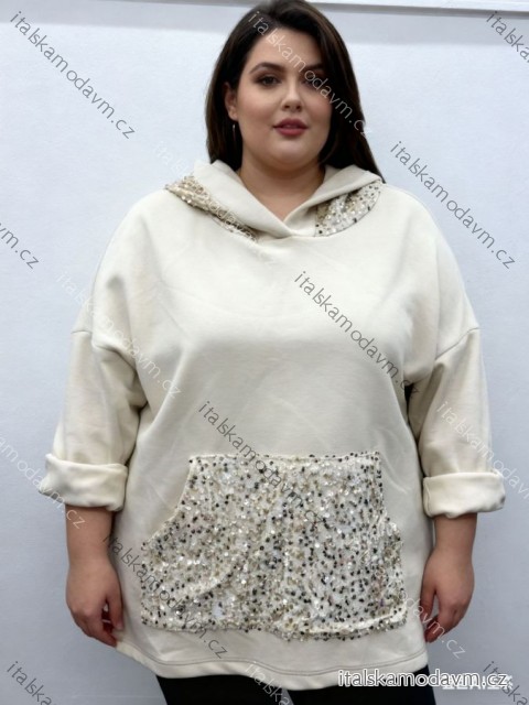Mikina teplá s kapucí dlouhý rukáv dámská nadrozměr (54/56/58 ONE SIZE) ITALSKÁ MÓDA IM425737
