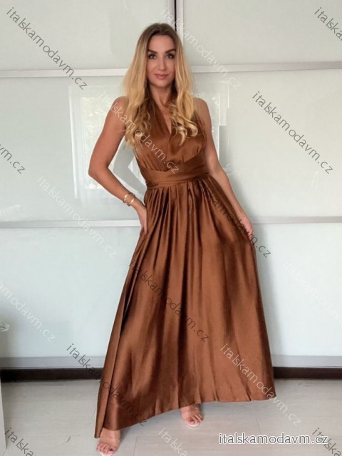 Šaty dlhé elegantné variabilné vázánie bez rukávov dámske satén (S/M/L ONE SIZE) TALIANSKA MÓDA IMPDY24MDUE991505/DUR hnedá S/M/L