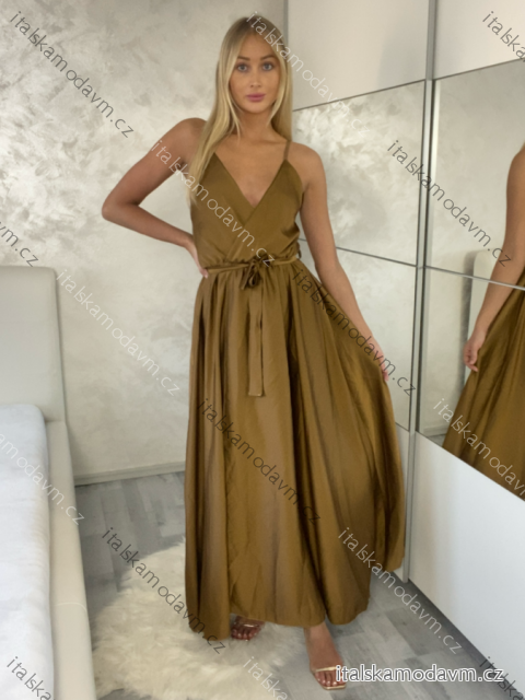 Šaty dlhé letné saténové s opaskom na ramienka dámske (S/M ONE SIZE) TALIANSKA MÓDA IMM22INFINITE hnedá