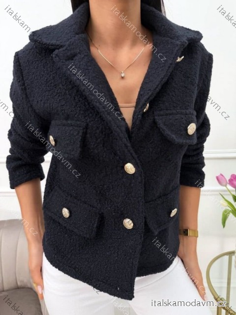 Kabátek beránkový flaušový dlouhý rukáv dámský (S/M/L ONE SIZE) ITALSKÁ MÓDA IMD25177/DR Černá S/M/L