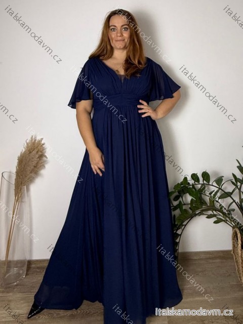 Šaty dlhé spoločenské krátky rukáv dámske nadrozmer BELLA (44/46/48 ONE SIZE) TALIANSKA MÓDA IMC25524/DUR 44/46/48 tmavo modrá