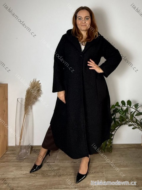 Kabát flaušový dlhý rukáv dámsky nadrozmer LADY (52/54/56 ONE SIZE) TALIANSKA MÓDA IMD25249/DUR  čierna