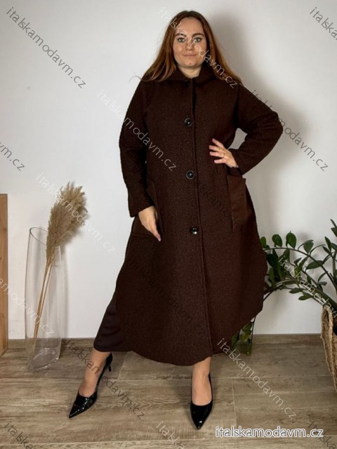 Kabát flaušový dlhý rukáv dámsky nadrozmer LADY (52/54/56 ONE SIZE) TALIANSKA MÓDA IMD25249/DUR  tmavo hnedá