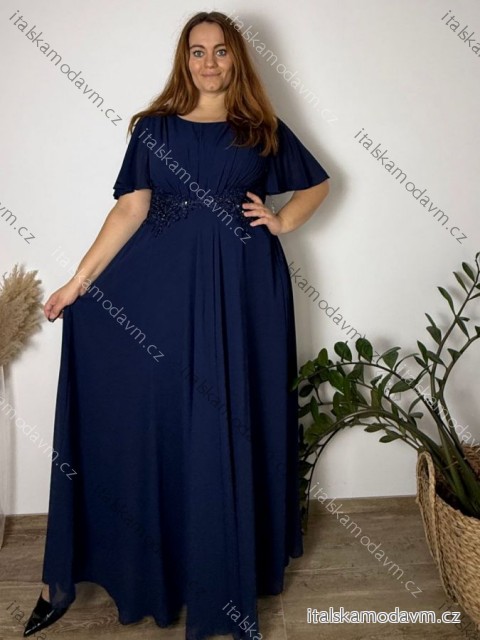 Šaty dlouhé společenské s žabičkováním krátký rukáv dámské nadrozměr RIKI (48/50/52 ONE SIZE) ITALSKÁ MÓDA IMC25522/DUR 48/50/52 tmavě modrá