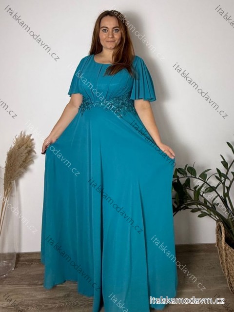 Šaty dlhé spoločenské so žabičkovaním krátky rukáv dámske nadrozmer RIKI (48/50/52 ONE SIZE) TALIANSKA MÓDA IMC25522/DUR  svetle petrolejová