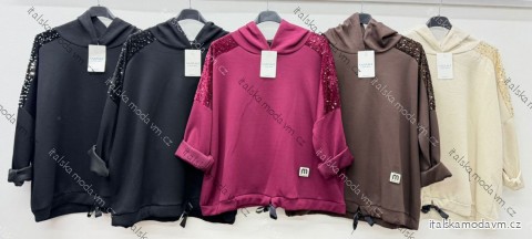 Mikina maslová s kapucňou a flitrami dlhý rukáv dámska nadrozmer (54/56/58 ONE SIZE) TALIANSKA MÓDA IM425866