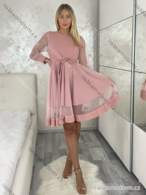 Šaty  spoločenské  dlouhý rukáv dámske (S/M ONE SIZE) TALIANSKA MODA IM323LUSY/DU S / M růžová starorůžová