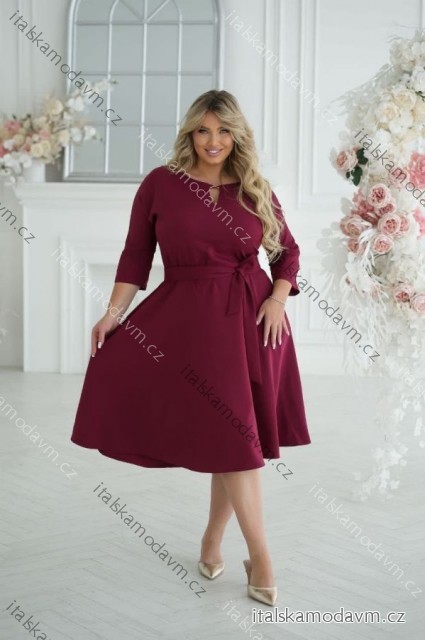 Šaty s páskem elegantný 3/4rukáv dámske nadrozmer (38-48) POLSKÁ MÓDA PMLLD255056-2/DU 44 vínová