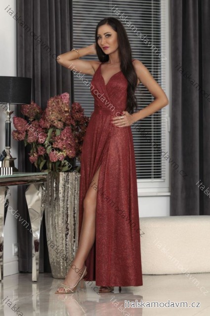 Šaty dlouhé elegantní třpytivé na ramínka dámské (32-42) POLSKÁ MÓDA PMLEL250MARINA3 tmavo červená 42