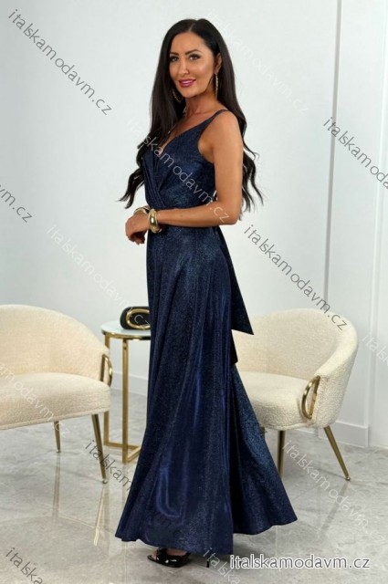Šaty dlhé elegantné trblietavé na ramienka dámske (32-42) POLSKÁ MÓDA PMLEL250MARINA4 tmavo modrá 34