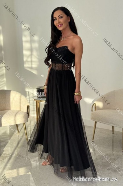 Šaty dlouhé carmen společenské s flitry dámské (32-42) POLSKÁ MÓDA PMLEL25AMAYA Černá 32