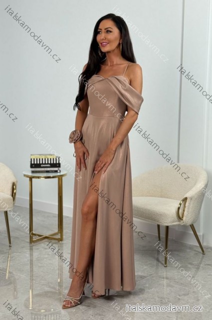 Šaty dlouhé carmen přes ramena společenské třpytivé dámské (34-42) POLSKÁ MÓDA PMLEL25SILLA béžová 42