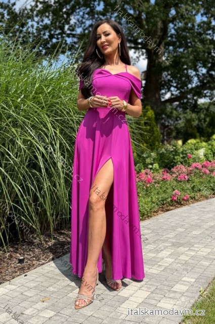 Šaty dlhé carmen cez ramená spoločenské trblietavé dámske (34-42) POLSKÁ MÓDA PMLEL25SILLA2 fialová 38
